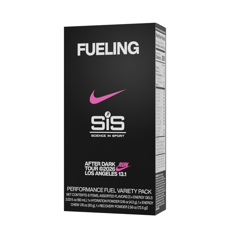 A black box of Fueling by SIS Science in Sport performance fuel variety pack, featuring a pink Nike swoosh and white text on a clean white background.