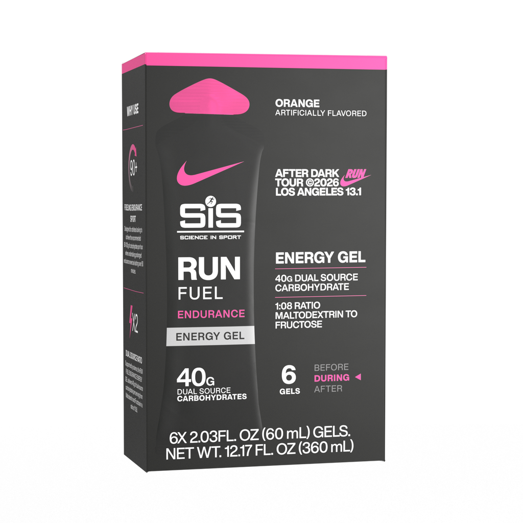 Sis Energy Gel Run Fuel gels packaging box in orange flavor, featuring a black and pink design with the Sis logo and Nike swoosh.