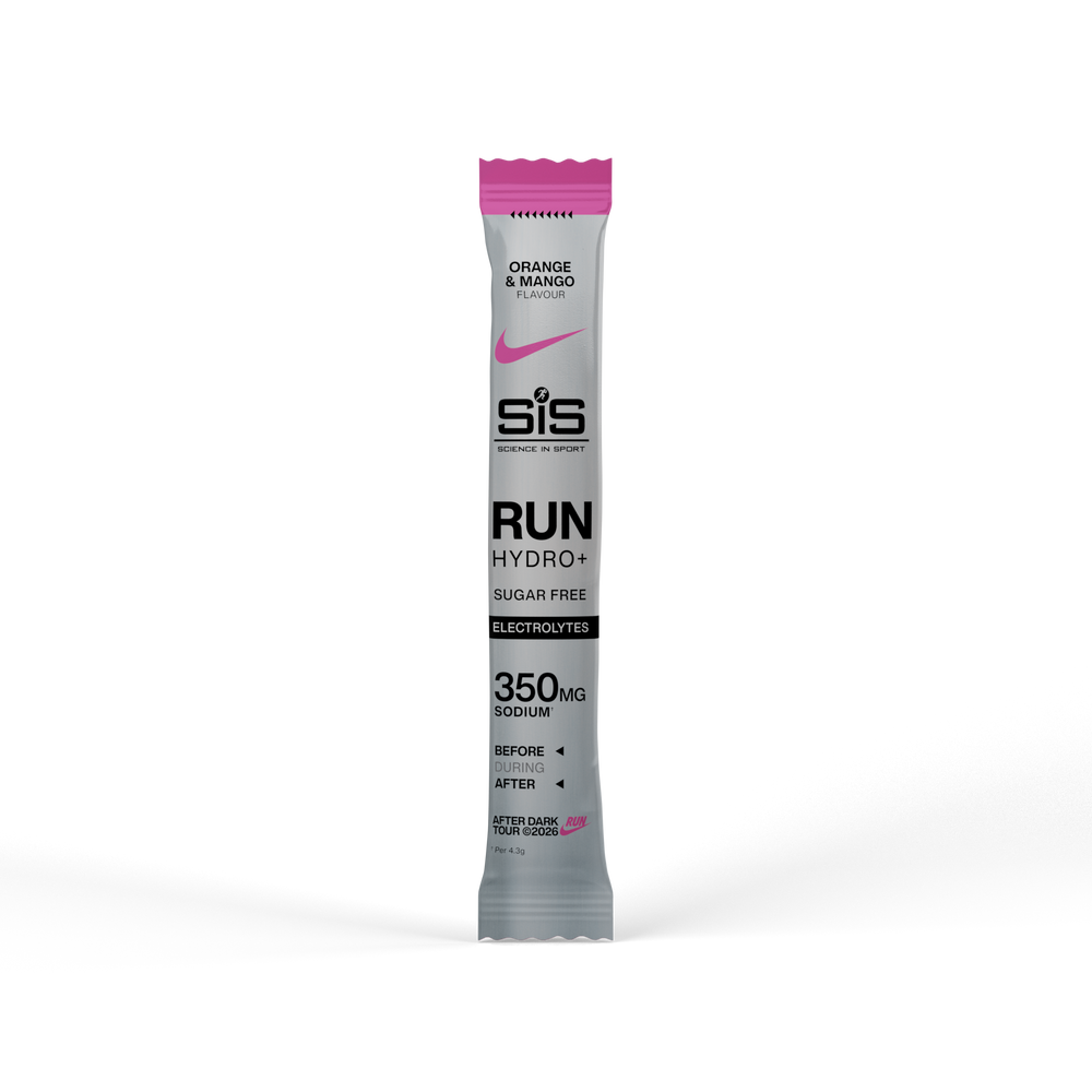 A single stick pack of SIS Run Hydro+ energy drink powder in Orange & Mango flavor, standing upright on a clean white background.