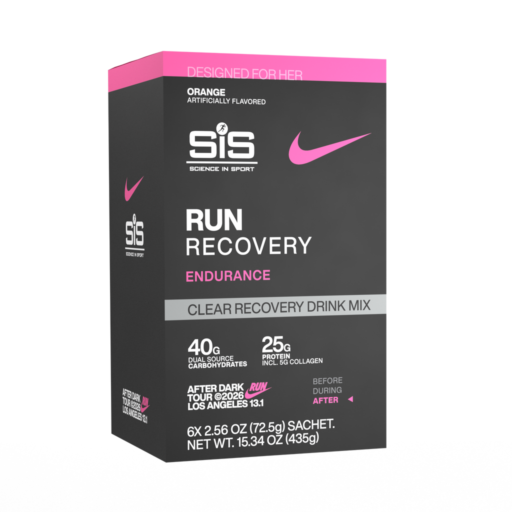 A box of SIS Science in Sport Run Recovery Endurance Clear Recovery Drink Mix, orange-flavored, featuring a dark gray and pink design with white and pink text.